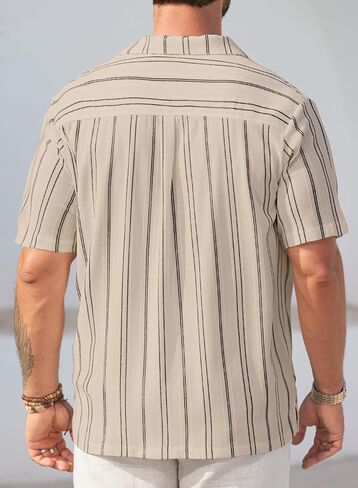 Mens Summer Striped Shirts Casual Cuban Shirt Texture Button Down Shirts for Beach Vacation (S-XXL) in Saudi Arabia