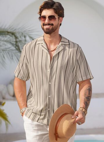 Mens Summer Striped Shirts Casual Cuban Shirt Texture Button Down Shirts for Beach Vacation (S-XXL) in Saudi Arabia