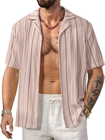 Mens Summer Striped Shirts Casual Cuban Shirt Texture Button Down Shirts for Beach Vacation (S-XXL) in Saudi Arabia