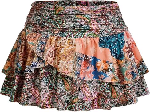 Makemechic Women's Plus Size Mini Mini Mini Paisley Print Shulk Tier A Line Boho Summer Torts in Saudi Arabia