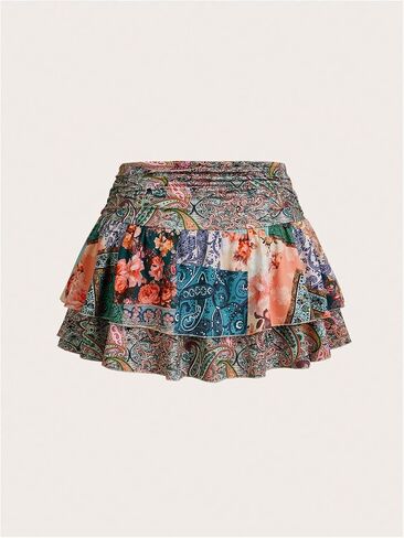 Makemechic Women's Plus Size Mini Mini Mini Paisley Print Shulk Tier A Line Boho Summer Torts in Saudi Arabia