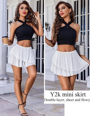 Avidlove Women Pleated Sheer Mini Skirt Y2k Asymmetrical Flowy Short Skirts Sexy Rave Outfits in Saudi Arabia