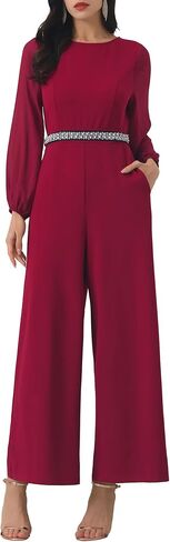 Women's Cocktail Jumpsuits Long Sleeve Beaded High Waist Wide Leg Pants Formal Dressy Rompers in Kuwait