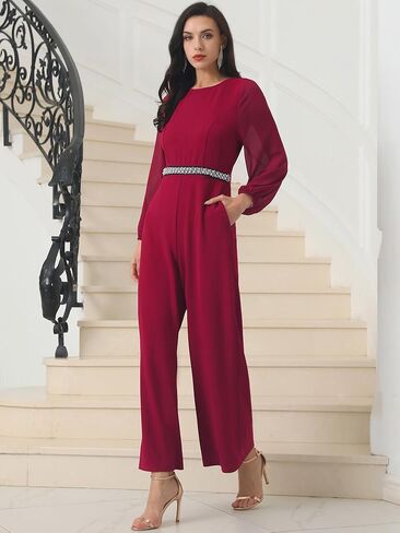 Women's Cocktail Jumpsuits Long Sleeve Beaded High Waist Wide Leg Pants Formal Dressy Rompers in Kuwait