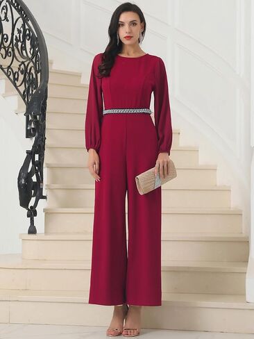 Women's Cocktail Jumpsuits Long Sleeve Beaded High Waist Wide Leg Pants Formal Dressy Rompers in Kuwait