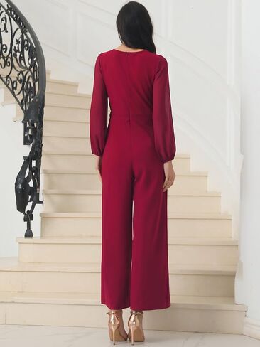 Women's Cocktail Jumpsuits Long Sleeve Beaded High Waist Wide Leg Pants Formal Dressy Rompers in Kuwait
