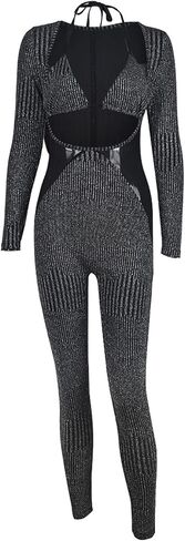 Women 2 Piece Outfits Triangle Halter Top Long Slveeve Jumpsuit Sexy Rompers Hollow Out Casual Party Work Suits in Saudi Arabia