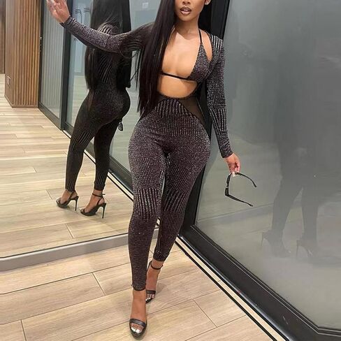 Women 2 Piece Outfits Triangle Halter Top Long Slveeve Jumpsuit Sexy Rompers Hollow Out Casual Party Work Suits in Saudi Arabia