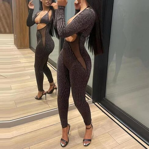 Women 2 Piece Outfits Triangle Halter Top Long Slveeve Jumpsuit Sexy Rompers Hollow Out Casual Party Work Suits in Saudi Arabia