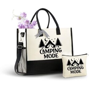 InnoBeta Camping Gifts for Women, Camping Mode, Canvas Tote Bag for Mom, Frineds, Coworkers, Bag with Top Zipper Closure and Shoulder Strap for Birthday