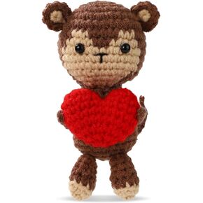 Positive Monkey Crochet with Red Heart,Knitted Emotional Doll Support Monkey Plush Toy Handmade Inspirational Funny Cute Crochet Animal for Couple Bestie Gift Home Office Car Dashboard Decoration