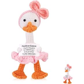 Positive Goose, 6.69 Inch Pink Cute Support Crochet Goose Plush with Inspirational Card Creative Emotional Knitted Animals Doll Positive Life Encouraging Potato Lucky Gift for Birthday Party
