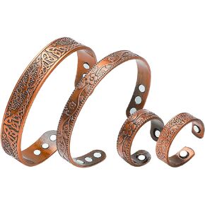 NEWITIN 4 Pieces Copper Bracelets Rings for Men Magnetic Bracelet and Ring Vintage Flower Magnetic Copper Adjustable Bangle Bracelet Jewelry Gift for Men Women