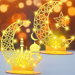 2 Pcs Ramadan Decorations Eid Mubarak Night Light Tabletop Decoration Light up Moon Star Castle Table Decor Ramadan Acrylic Lantern for Home Islamic Muslim Party Supplies(Stylish)