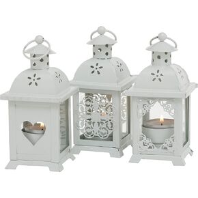 3 Piece Set of Romantic French Country Style Candle Lanterns for LED Tea Lights, 2 3/4 x 2 3/4 x 5 1/2 Inches (7 x 7X 14cm) Metal and Glass