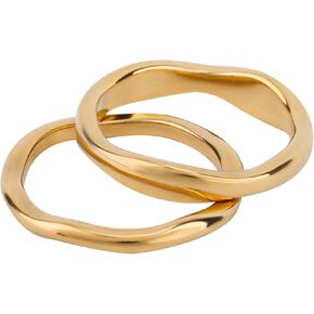 2pcs Gold Stackable Rings, Ladies Gold-Plated Knuckle Ring Set Exquisite Wave Thick & Thin Engagement Finger Stacking Jewelry Gift for Women Thumb Anniversary Birthday Wedding