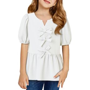 Girls Shirts Cute Puff Sleeve Bow Tie Front Tops Crewneck Babydoll Peplum Blouse 6-15 Years