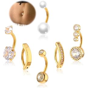 Belly Button Piercing 6pcs Stainless Steel Diamond Belly Rings For Women,Pendant Navel piercing Jewelry (15G,16G)(Gold)