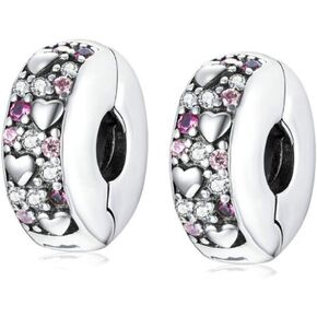 2pc Clip Spacer Charm Bracelets for Women 925 Sterling Silver Blue White Crystal Charm Clip Lock Spacer Stopper Charm Bead for Bracelet (Pink Crystal Love -2pc)