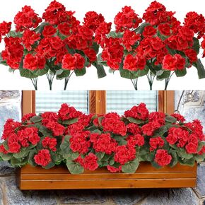 Waipfaru 4Pcs Artificial Flowers for Outdoors，Artificial Geraniums for Outdoors UV Resistant Fake Outdoor Plants，Artificial Silk Flowers for Indoor Garden Porch Window Farmhouse Decor