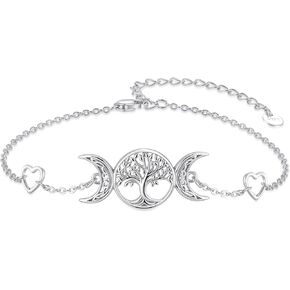 Triple Moon Goddess Bracelets,S925 Sterling Silver Amulet Wicca Tree of Life Chain Family Tree Bracelet Celestial Design with Lunar Phases for Women Pagan Amulet Magic Wicca Jewelry Valentine’s Day Gifts ﻿
