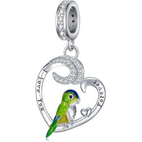 Parrot Charms for Women 925 Sterling Silver Cute Heart Parrot Bead with "I Love You Forever" Heart Robin Bird Animal Jewelry Gifts for Women