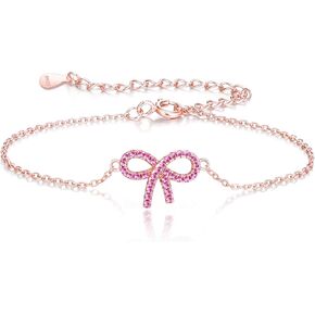 Crysdue 925 Sterling Silver Link Bracelet, Dainty Cute Bow/Bead/Flower Charm Cubic Zirconia Gold/Rose Gold Adjustable Bracelet Wedding Valentine's Day Christmas Jewelry Gifts for Women