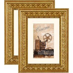 11x14 Distressed Gold Ornate Vintage Picture Frame, With Mat 8x10 inches, Real Glass Protection, Horizontal or Vertical Display