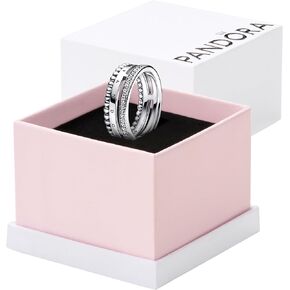 Pandora Signature Logo Pavé & Beads Ring - الطبقات أو الحلقة القابلة للتكديس - حلقة فضية سترلينج مع زركونيا مكعب صافية - هدية لها - المجوهرات للنساء مع صندوق هدايا