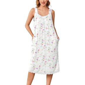 Ekouaer Nightgowns for Women Sleeveless Night Gown Victorian Sleep Shirt with Pockets Ladies Pjs Lace Trim Sleepwear S-XXL