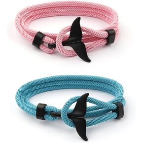 Nautical Braided Whale tail Rope Bracelets Set - 2 Pcs Adjustable Braided Cord Bracelet Handmade String Bracelet with Metal Knot Men Women Braided Bracelets Gifts