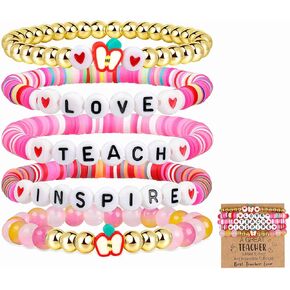 5PCS Teacher Appreciation Bracelets for Women Stackable Beaded Stretch Bracelet Colorful Love Teach Inspire Elastic Heishi Clay Bracelets Thank You Teacher Back to School Jewelry Gift