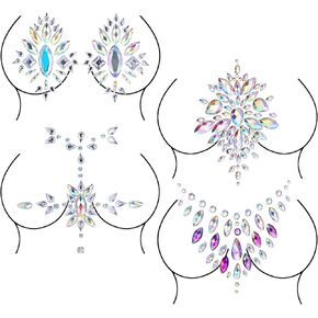 4 Pcs Rhinestone Nipple Pasties for Women, Glitter Breast Covers Body Jewelry Stick Adhesive Nipple Pasties Rave Breast Body Gems Temporary Chest Stickers for Makeup Festival Party