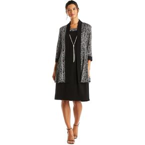 Elegant 2 PC Metallic Knit Classic Jacket Dress W/Detachable Necklace