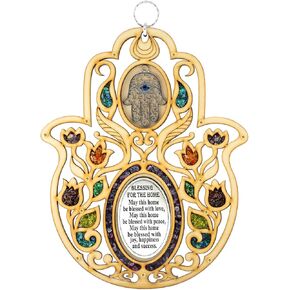 Karma and Luck - Wooden Real Multi-Stone Hamsa Wall Blessing with Real Amethyst Stone To Protect and Enrich Your Home Handmade with Love in the Holy Land | Height 10" inches, width 8" inches.