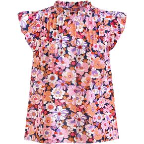 PRETTYGARDEN Women Button Down Boho Shirts Floral Ruffle Cap Sleeve Mock Neck Flowy Casual Summer Blouses Tops