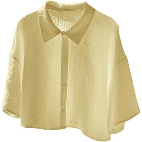 SHENHE Women's Oversized Button Down Short Sleeve Shirt Textured Collared Crop Top Blouse