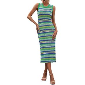 Women's 2025 Summer Midi Tank Dress Vacation Round Neck Sleeveless Ribbed Knit Striped Sweater Bodycon Dresses