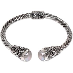 NOVICA Artisan Handmade Cultured Freshwater Pearl Cuff Bracelet Crafted .925 Sterling Silver White Indonesia 'Precious Dewdrops'