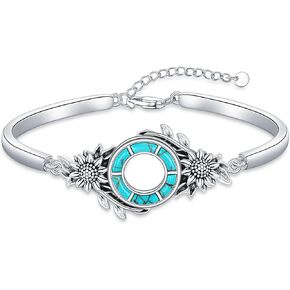 Genuine Turquoise Sunflower Bracelet, Sterling Silver Boho Adjustable Bangle Cuff Native American Jewelry for Women, Fit for 6.5 7 7.5 Inches