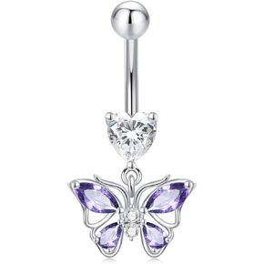 KoyeKei 14G Butterfly Belly Button Ring 925 Sterling Silver Belly Rings Dangling Hypoallergenic Navel Piercing Jewelry Body Navel Rings Gifts for Women