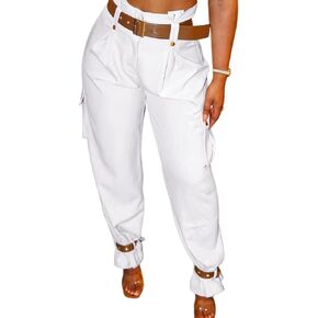CHICME Women High Waist Pants Casual Wide Leg Pants with Pockets Buckle Cuffed Cargo Pants