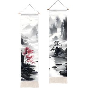 AOHMPT Pack of 2 Long Vertical Tapestry,Nature Landscape Tapestry with Serene Mountain River, Moon & Sun Motifs,Traditional Ink Painting Wall Art,Zen Aesthetic Wall Hanging for Living Room Bedroom Decor 13" W x 51" H"