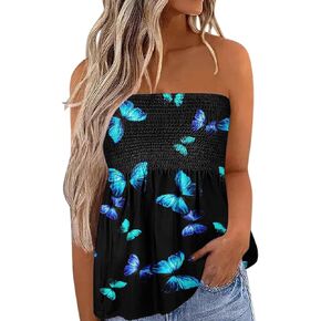 Womens Smocked Strapless Bandeau Tank Tops Floral Tube Tops Backless Bandeau Tunic Tops Sleeveless Shirts in Saudi Arabia