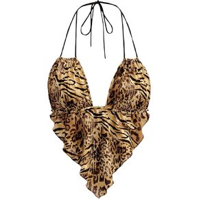 Verdusa Women's Sexy Leopard Print Deep V Halter Crop Tops Ruffle Going Out Top Party Clubwear in Saudi Arabia