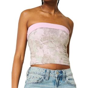 Floral Mesh Tube Tops Women Strapless Reversible Foldover Bandeau 2025 Summer Sleeveless Y2k Going Out Crop Tops