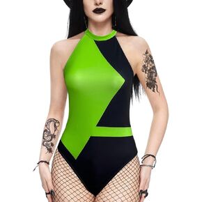 EVELUST Women Colorblock Shego Costume Bodysuit - Sexy Kim Possible Cosplay Outfit Festival High Neck Jumpsuit(BlackGreen,XL,1147e)