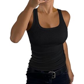 GEMBERA Womens Ribbed Knit Square Neck Racerback Sleeveless Fitted Basic Work Out Tank Top Shirt