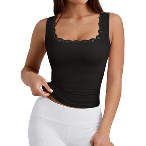 PINKMSTYLE Womens Square Neck Lace Tank Tops Double Lined Sleeveless Cute Going Out Tops