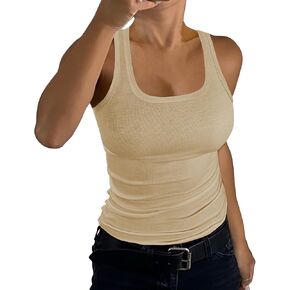 GEMBERA Womens Ribbed Knit Square Neck Racerback Sleeveless Fitted Basic Work Out Tank Top Shirt in Kuwait